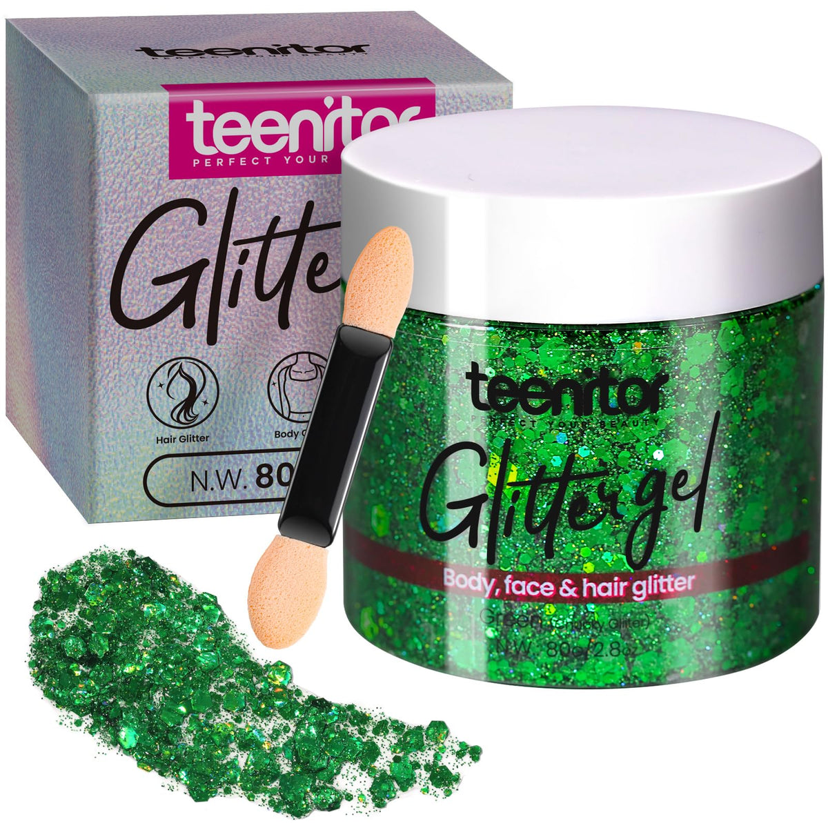 Teenitor brillo verde para cuerpo, botella de 80 g, efecto llamativo