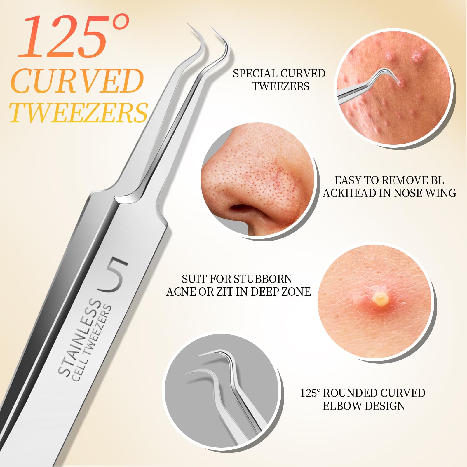 Teenitor curved tweezers reach nose wings for stubborn pimples.