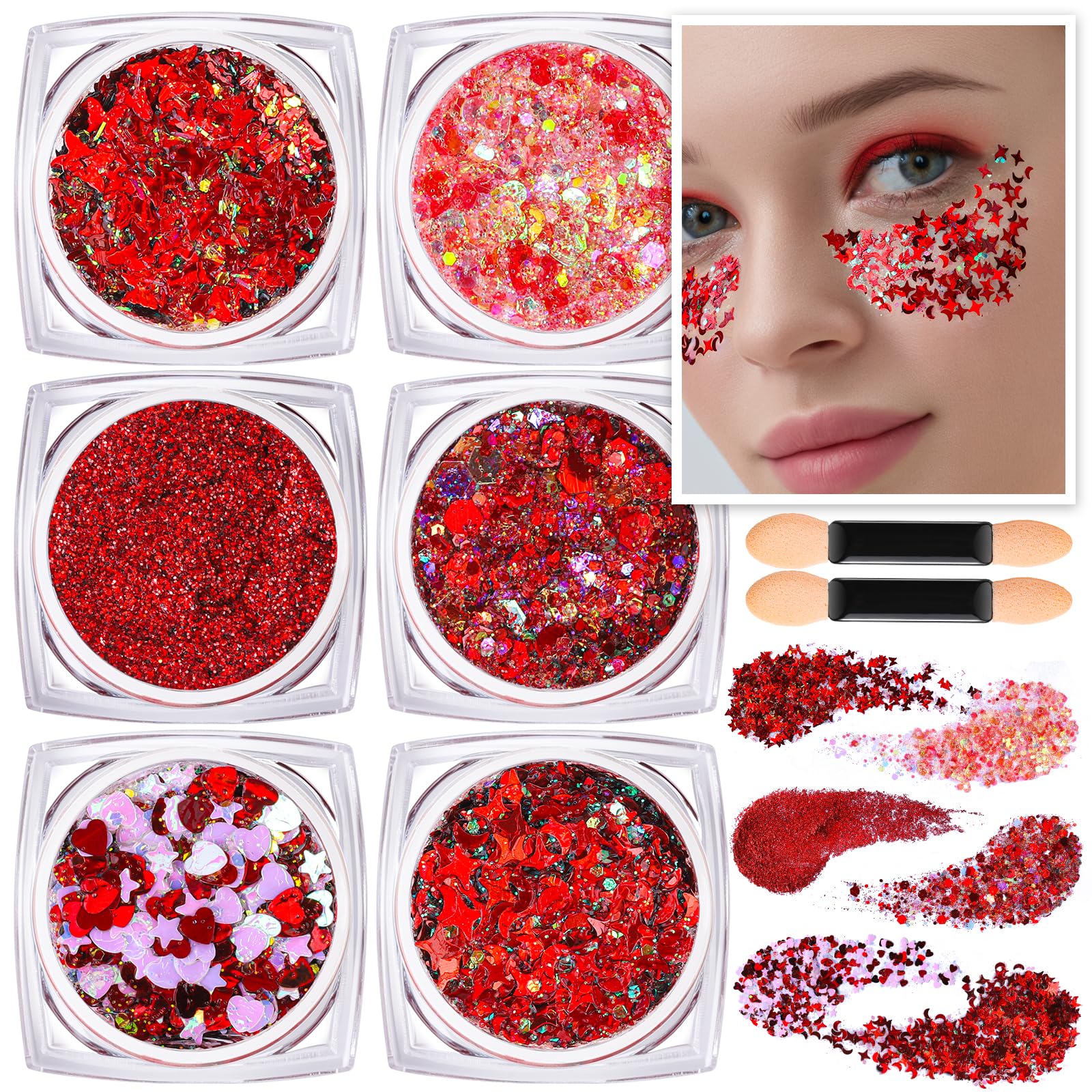 Teenitor red face glitter gel with six shapes for festival looks.