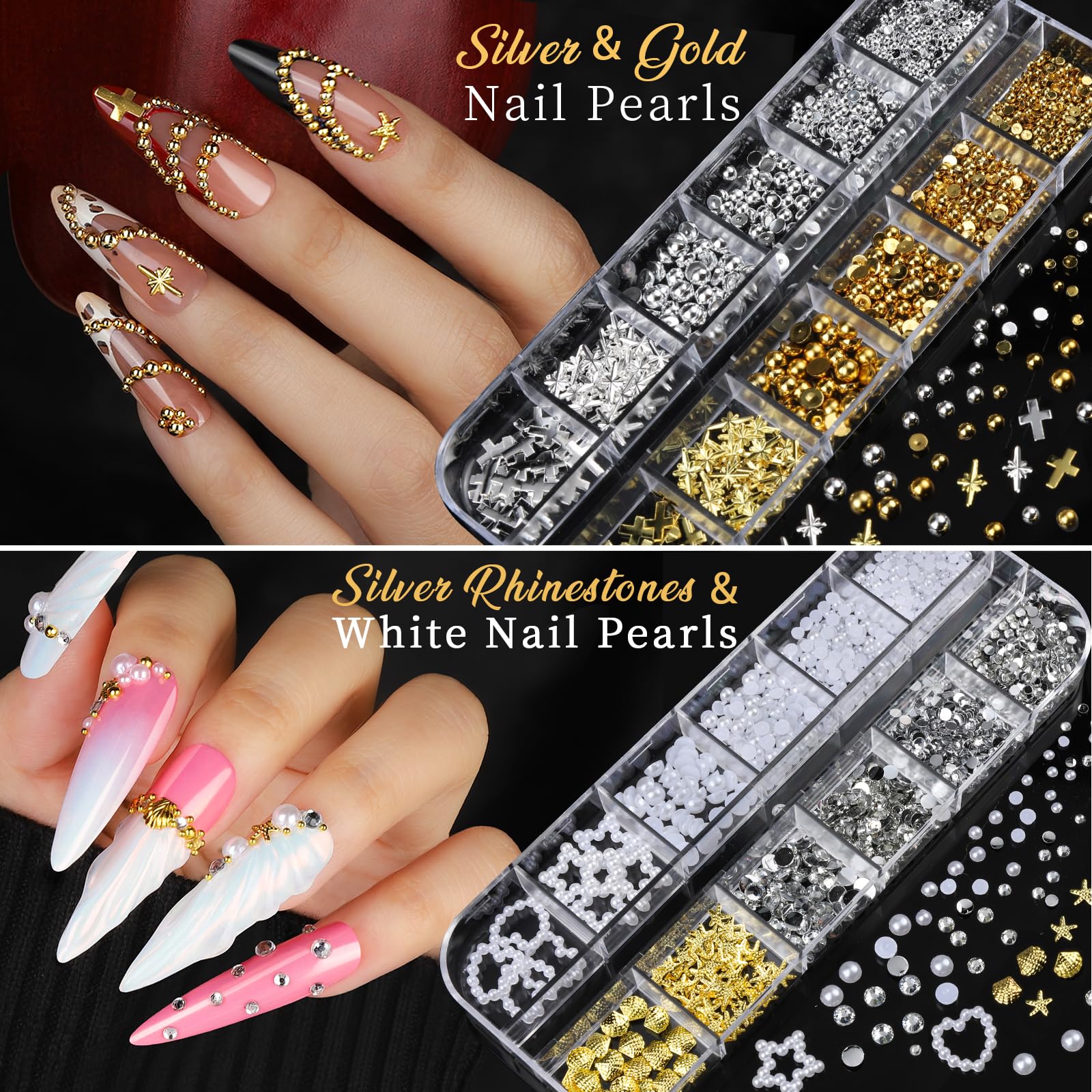 Teenitor flower and bow charms with caviar beads for 3D nail effects