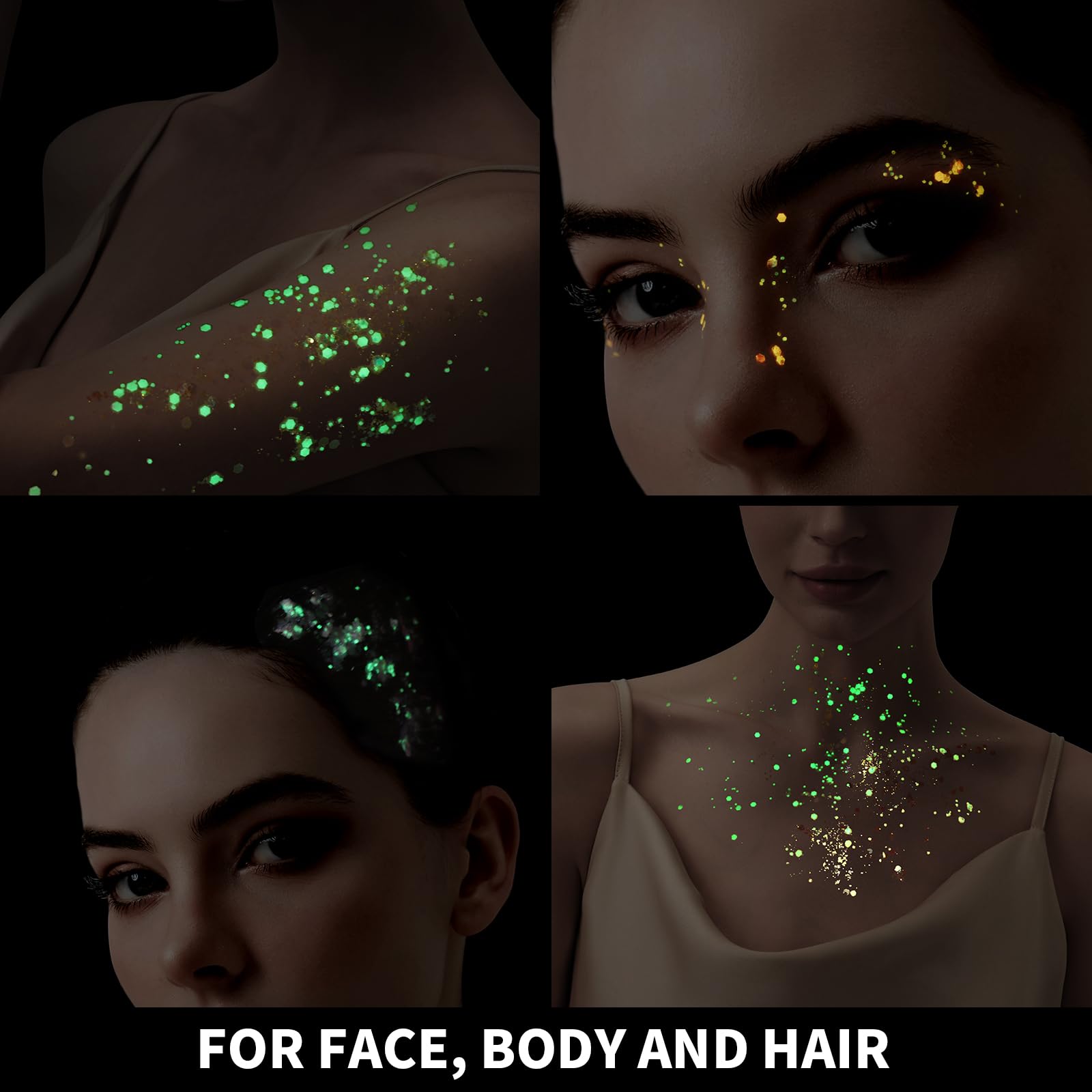 Teenitor glow glitter gel as eye makeup with UV shine.