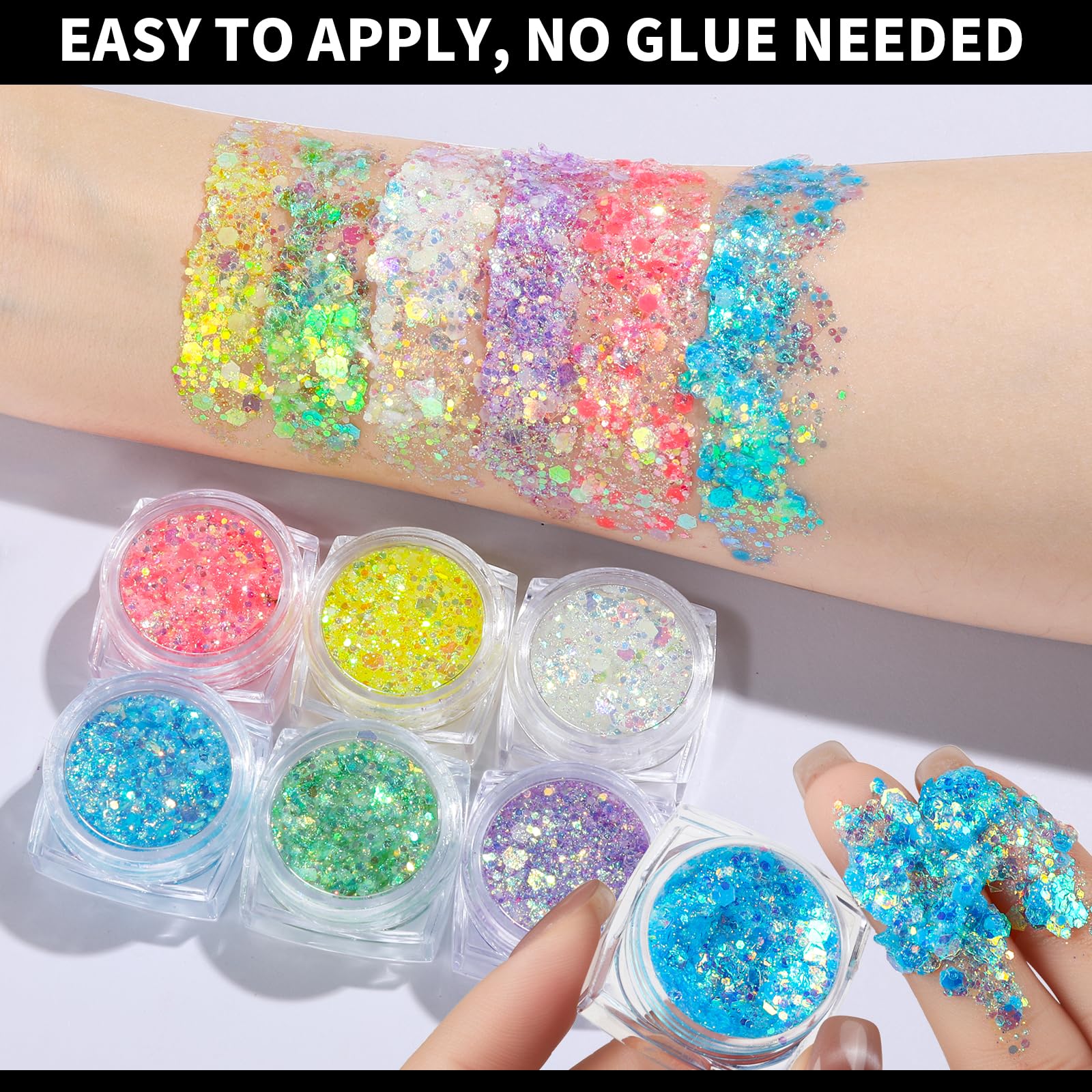 Teenitor glow glitter gel ideal for raves and festivals under black light.