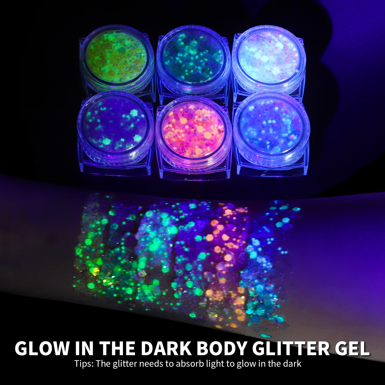 Teenitor glow glitter gel under UV light keeps colors vibrant.