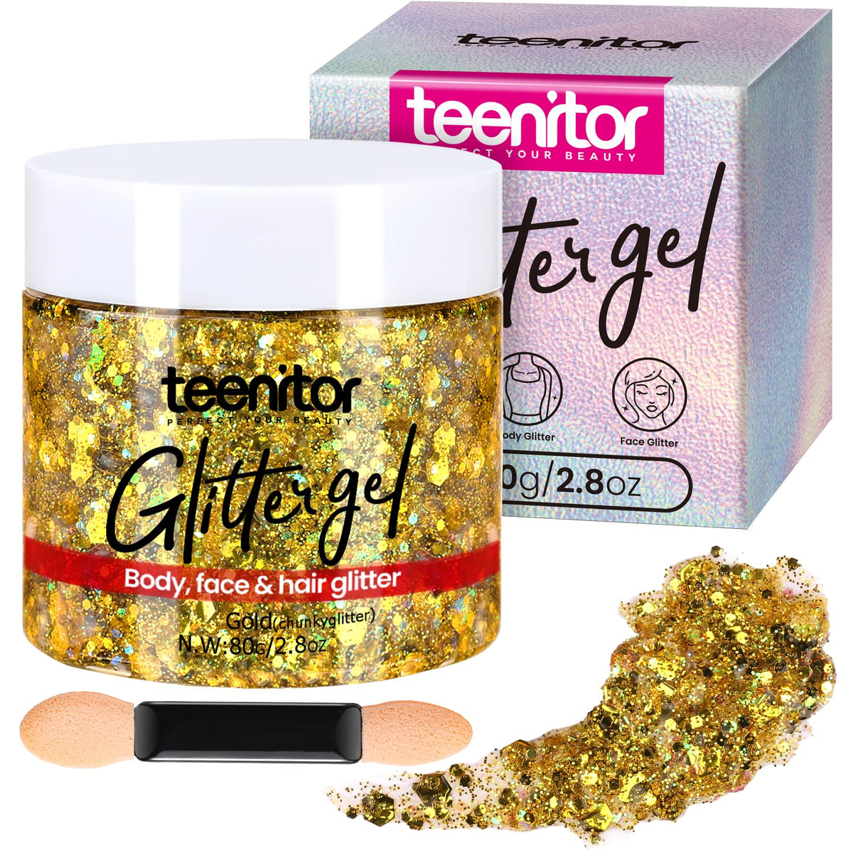 Teenitor gold body glitter gel jar adds festive sparkle to skin.