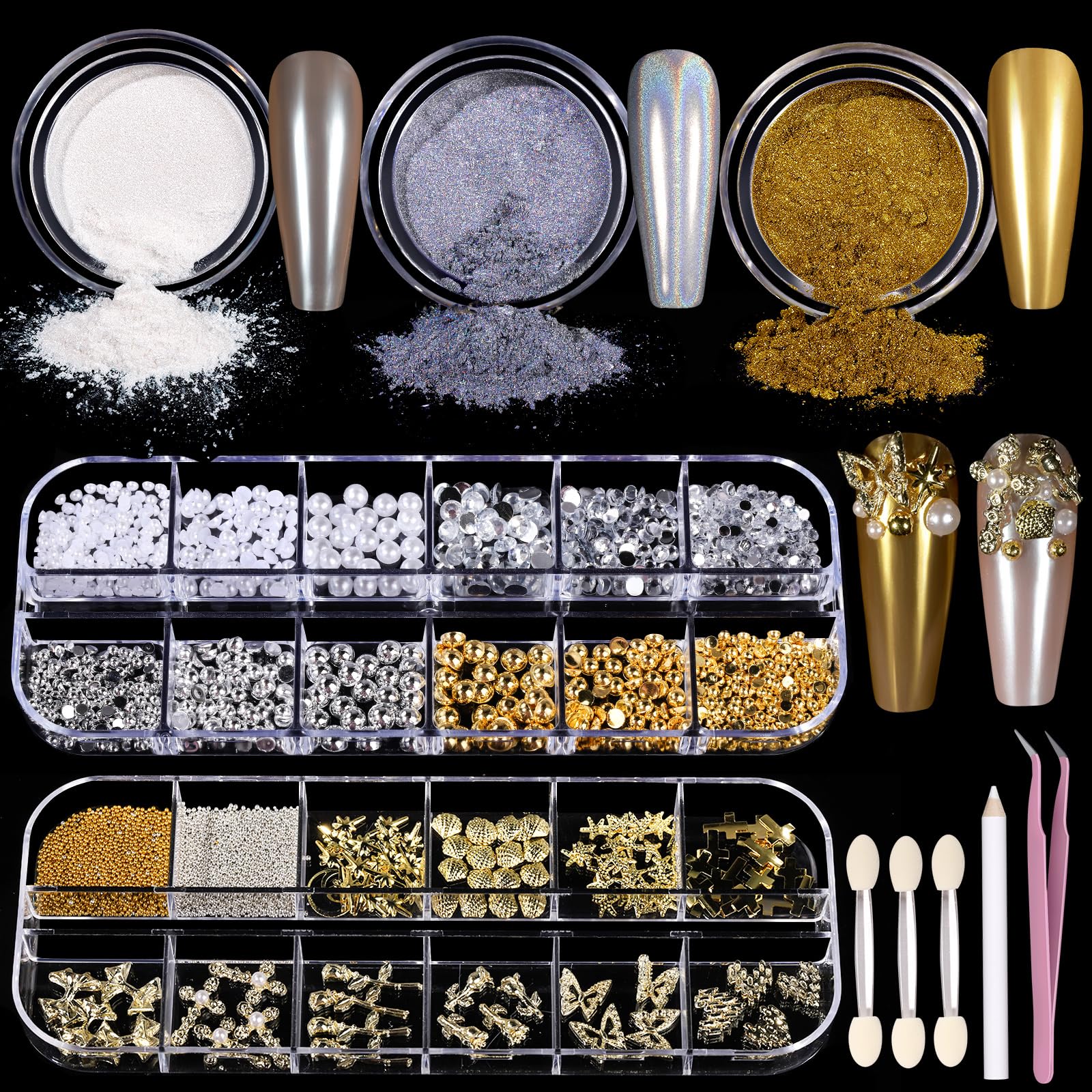 Teenitor gold chrome nail powder kit with pots showing luxe mirror finish for nails