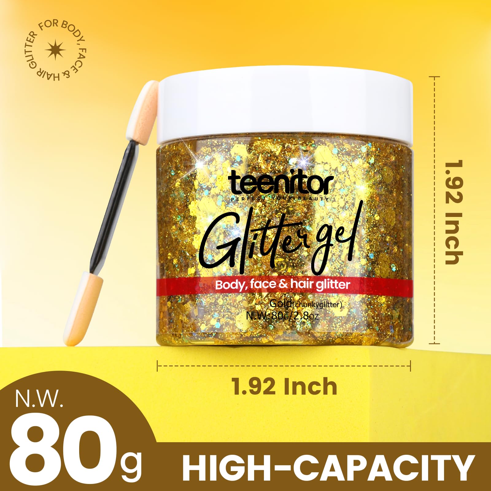 Teenitor gold glitter on face creates party ready glow.