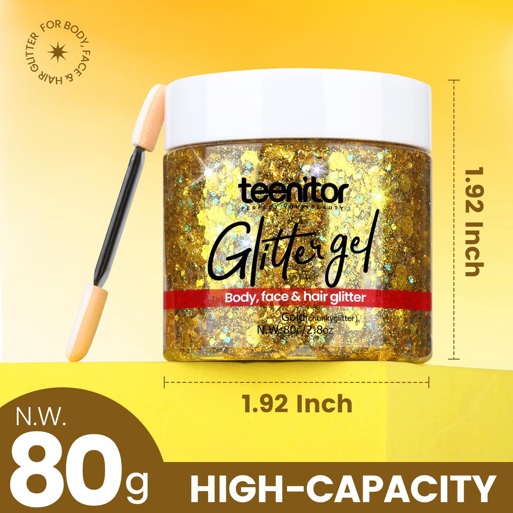 Teenitor gold glitter on face creates party ready glow.