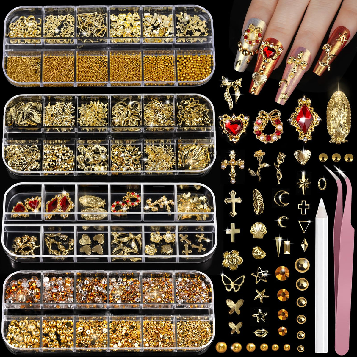 Teenitor gold nail charms set with 12 styles for luxe nail design