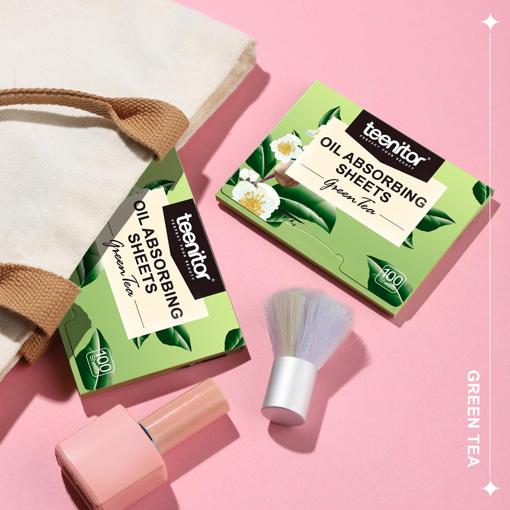 Teenitor Green Tea Blotting Paper on face; press to absorb oil