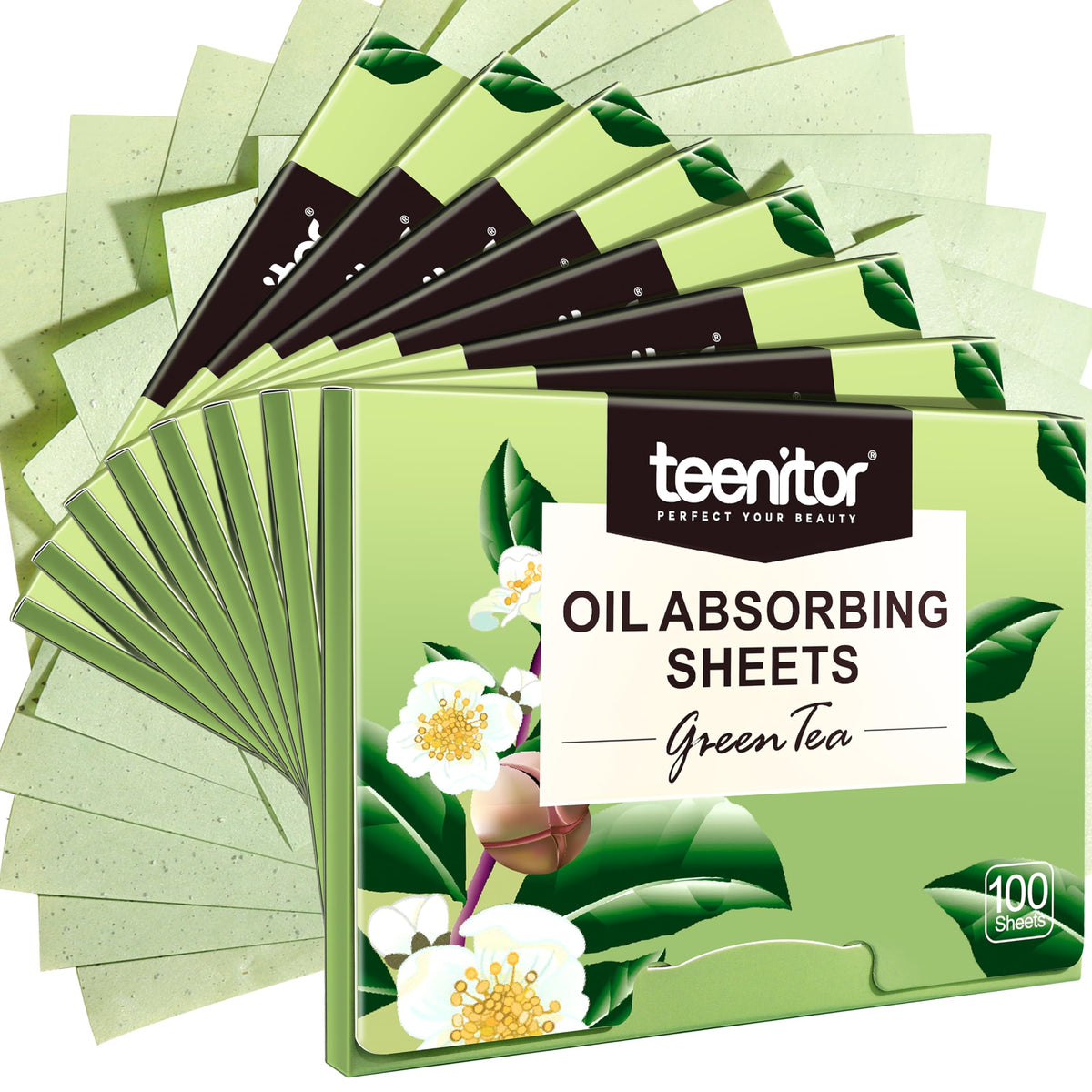 Teenitor Green Tea Blotting Paper pack with eight portable pouches for oil control