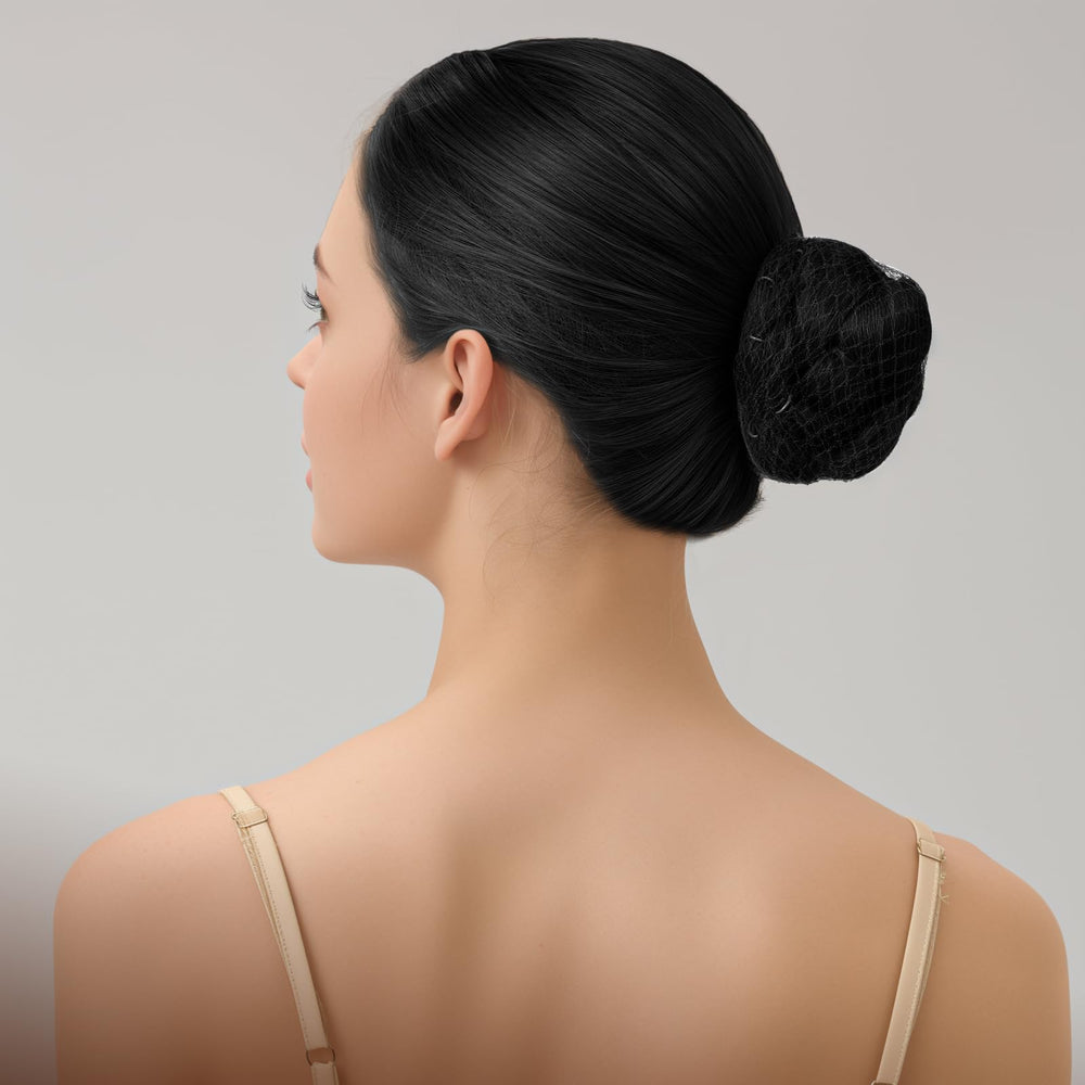 Teenitor invisible hair net in use to create a sleek ballerina bun.