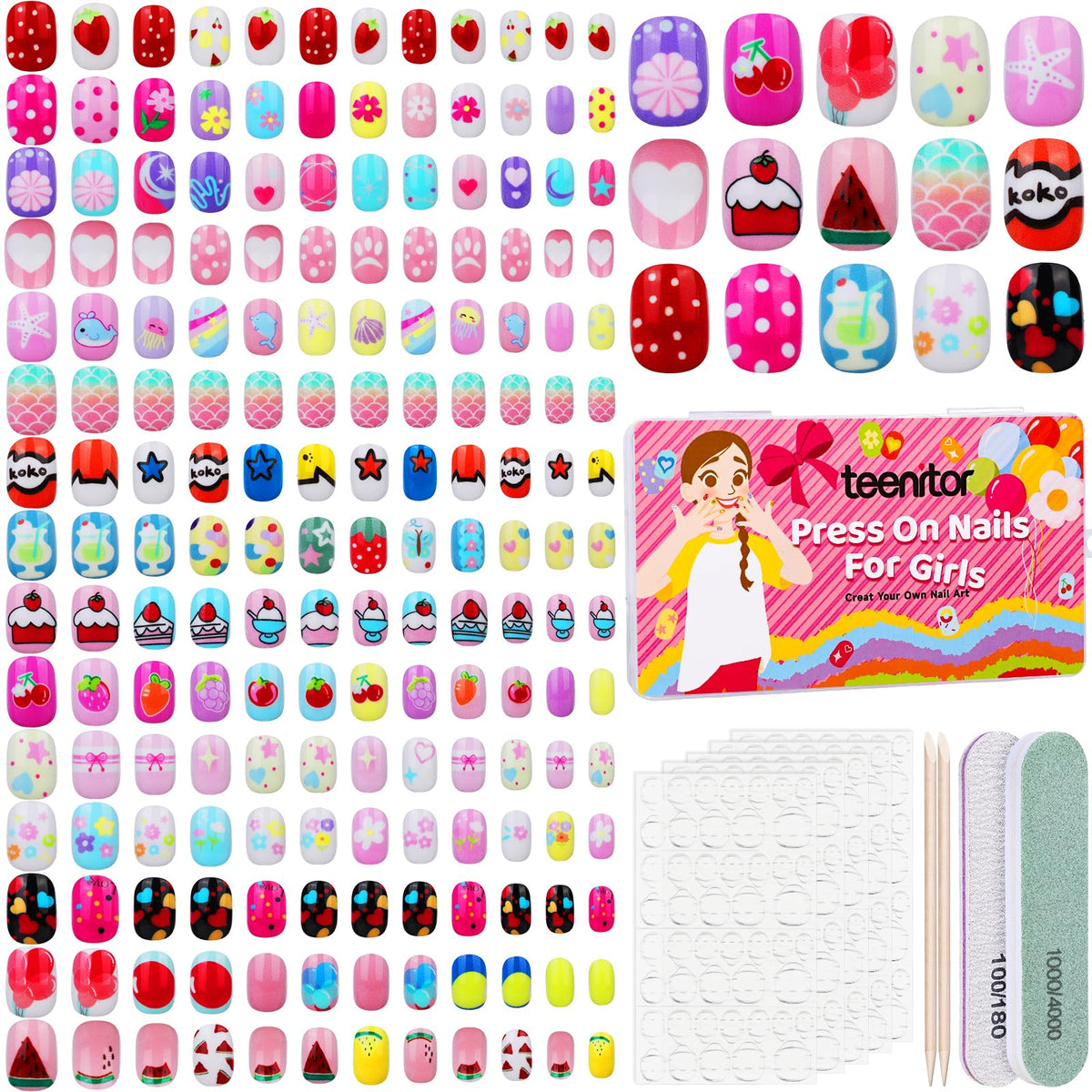 Teenitor kids press-on nails with fruit patterns for playful daily outfits