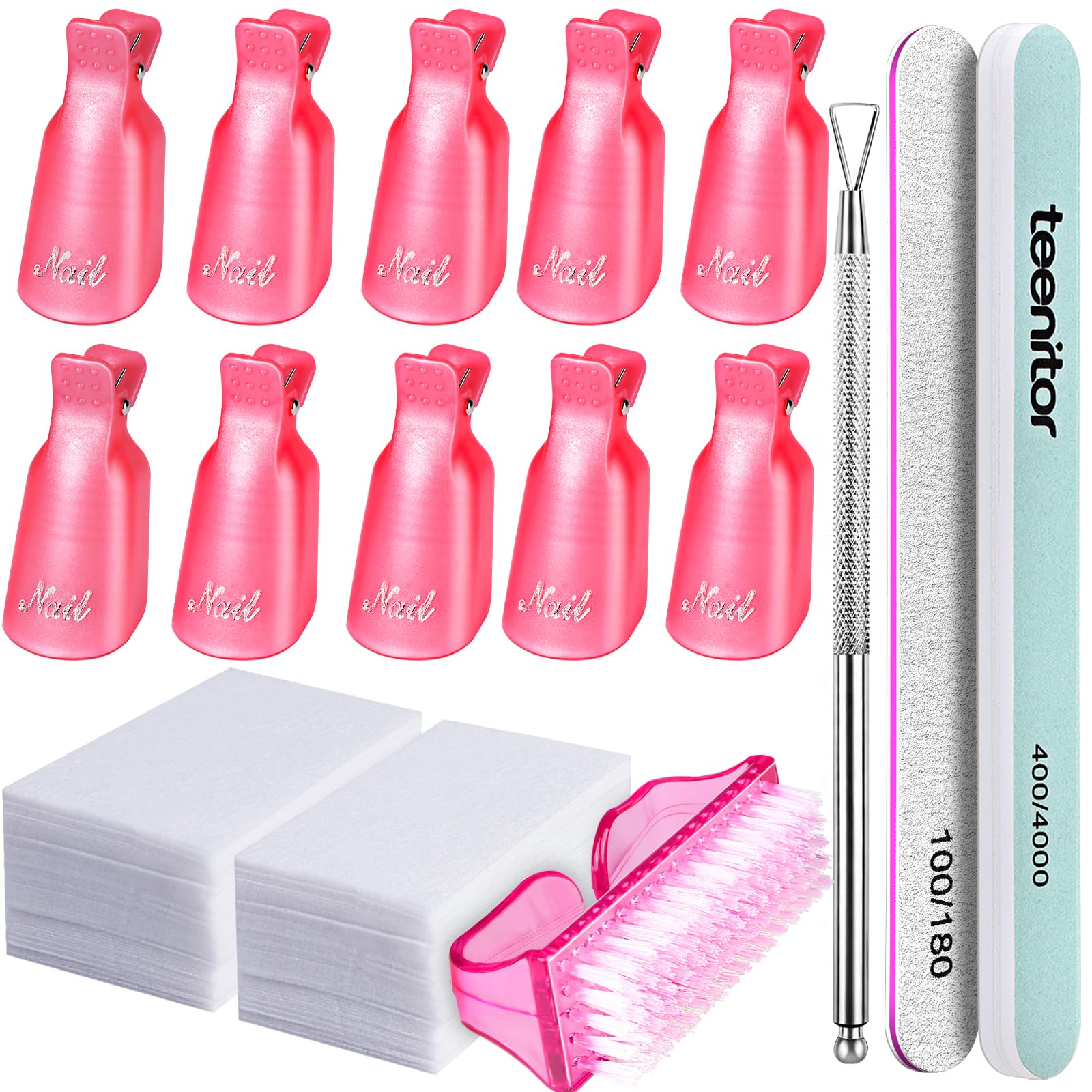 Teenitor kit retirar gel uñas con clips rosa para retirada segura en casa.