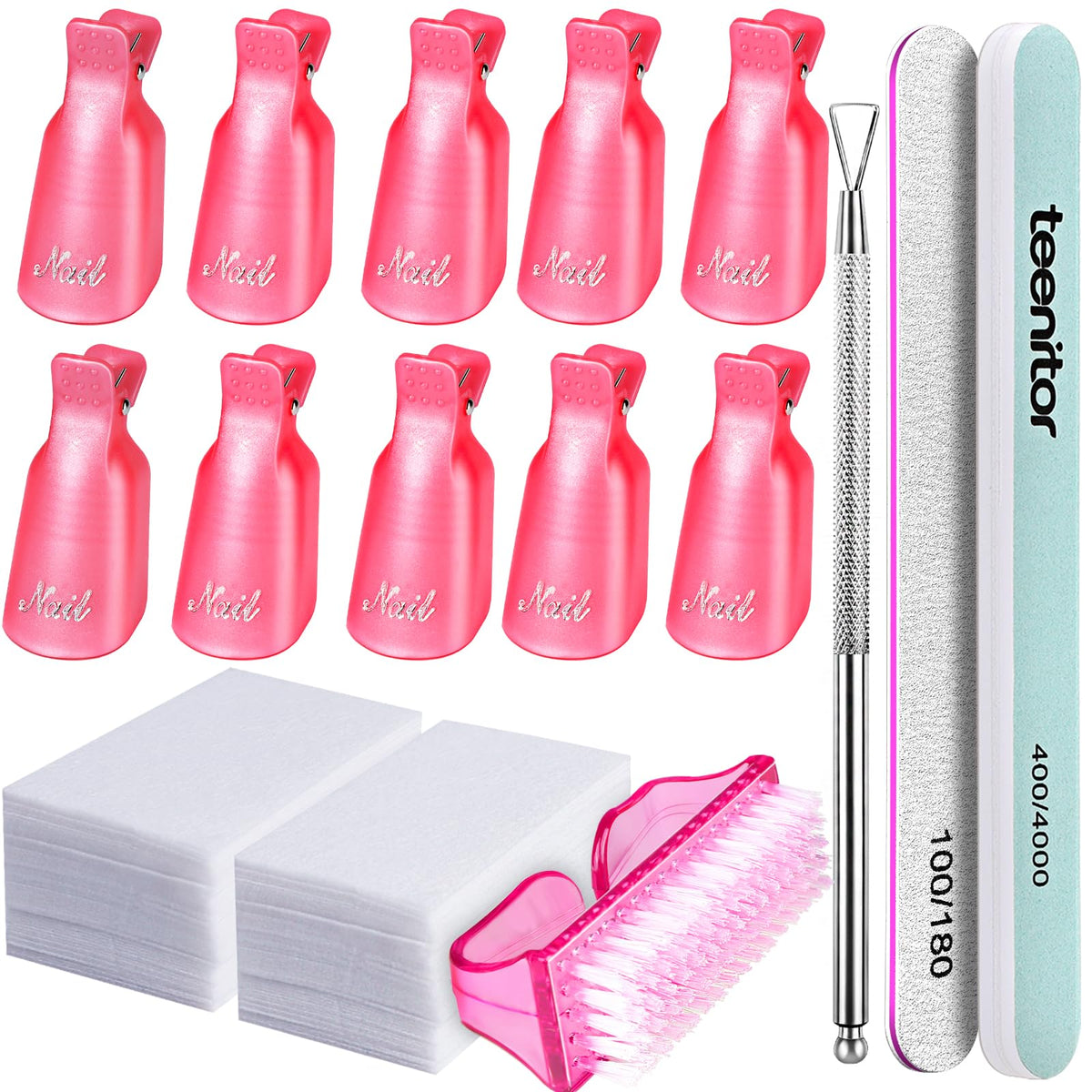Teenitor kit retirar gel uñas con clips rosa para retirada segura en casa.