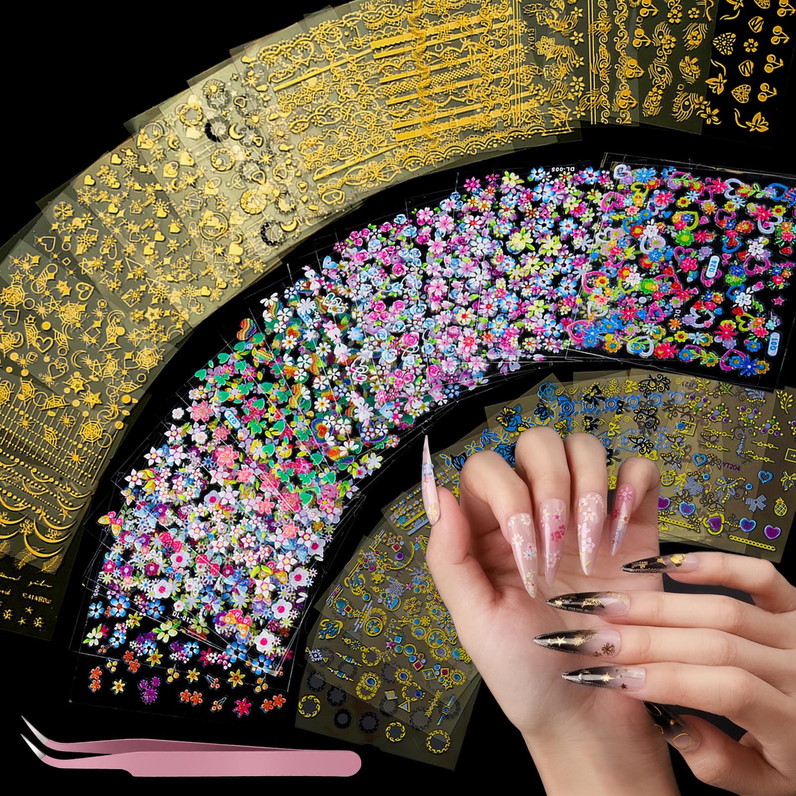 Teenitor nail stickers with flower and heart designs for versatile nail art