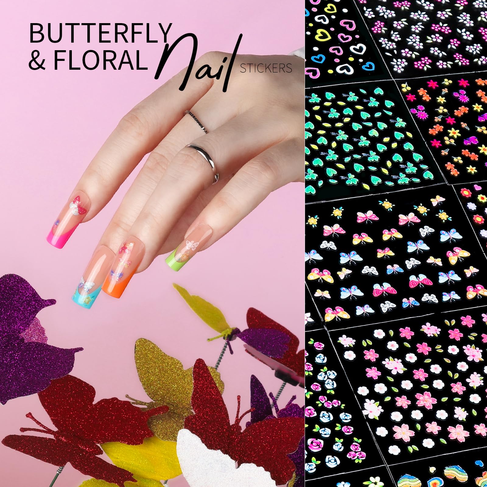 Teenitor nail stickers featuring rose, geometric and butterfly motifs for easy DIY art