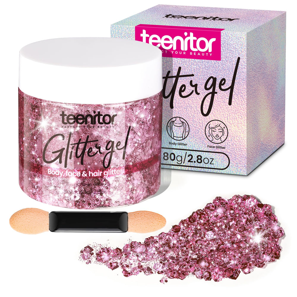 Teenitor pink body glitter gel bottle front, ready for a shimmering festival look.
