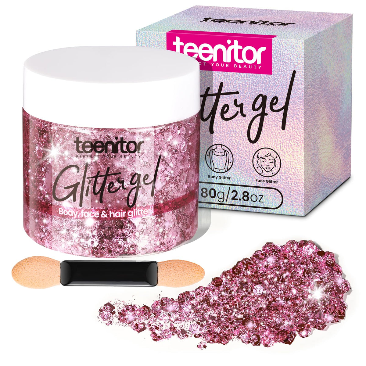 Teenitor pink body glitter gel bottle front, ready for a shimmering festival look.