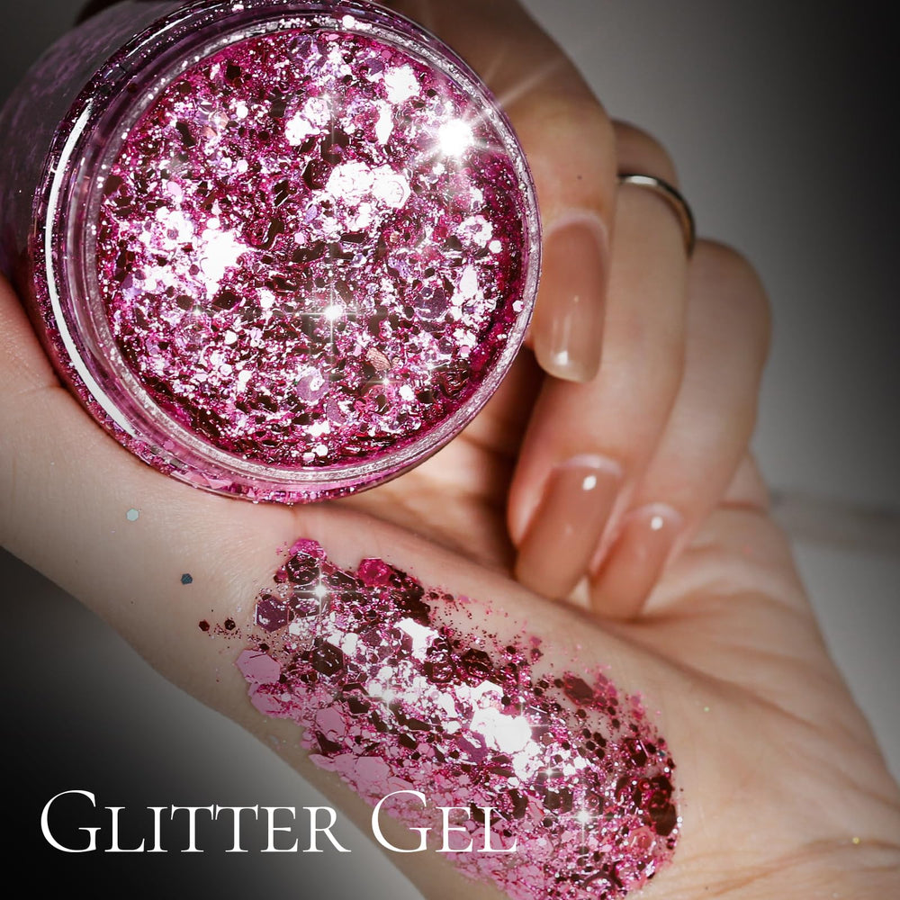 Teenitor pink glitter gel applied on skin with long-lasting shine.