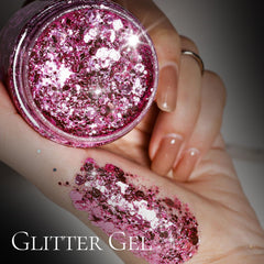 Teenitor pink glitter gel applied on skin with long-lasting shine.