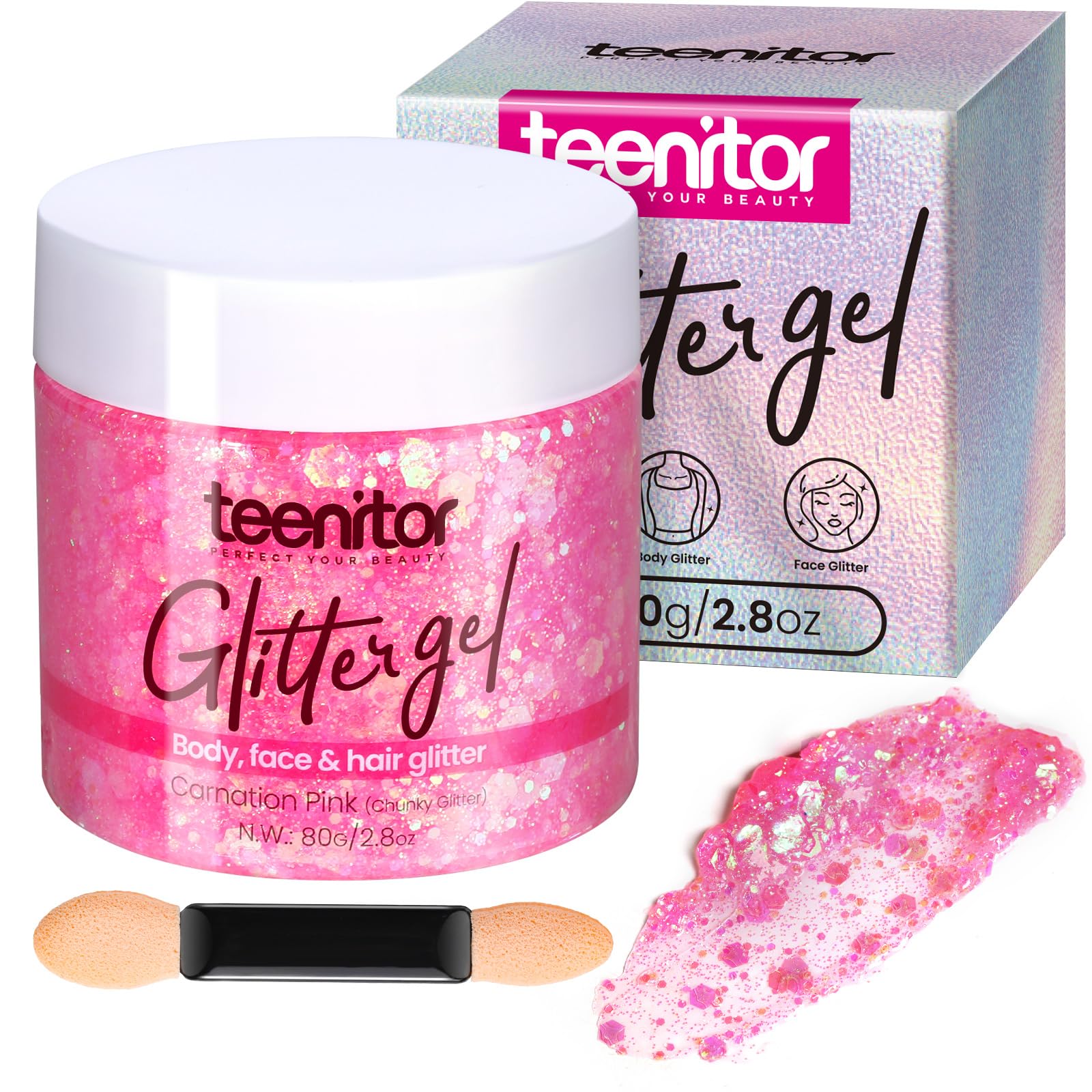 Teenitor pink glitter gel on face for radiant festival glow