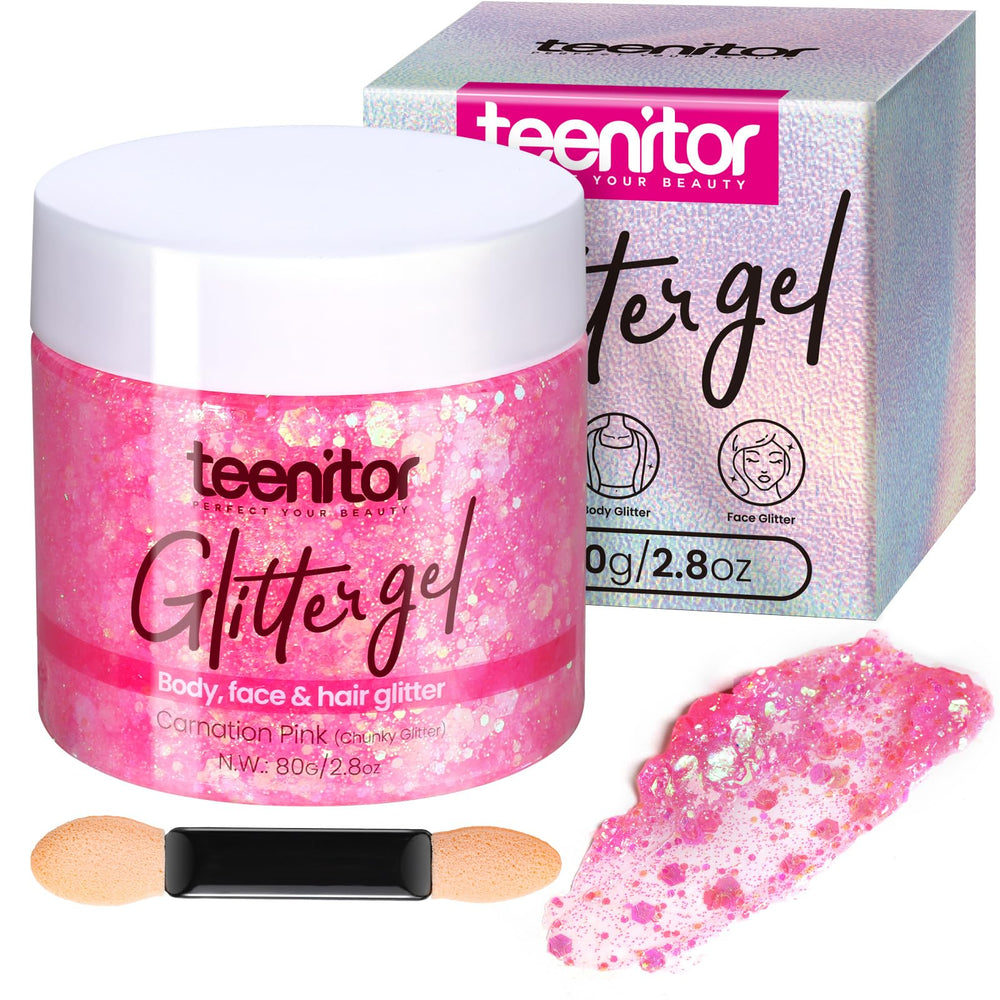 Teenitor pink glitter gel on face for radiant festival glow