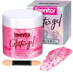 Teenitor pink glitter gel on face for radiant festival glow