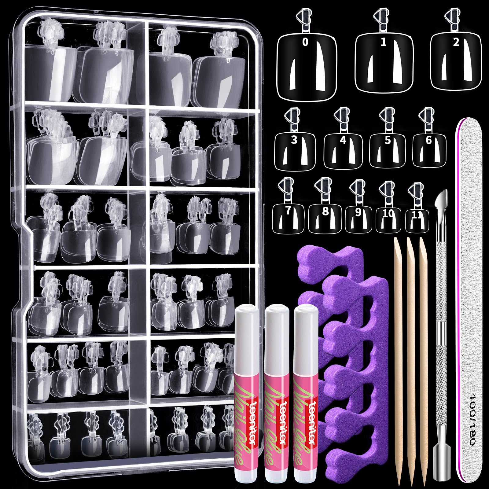 Teenitor press-on toenail tips kit with 120 clear tips for quick toe nail customization