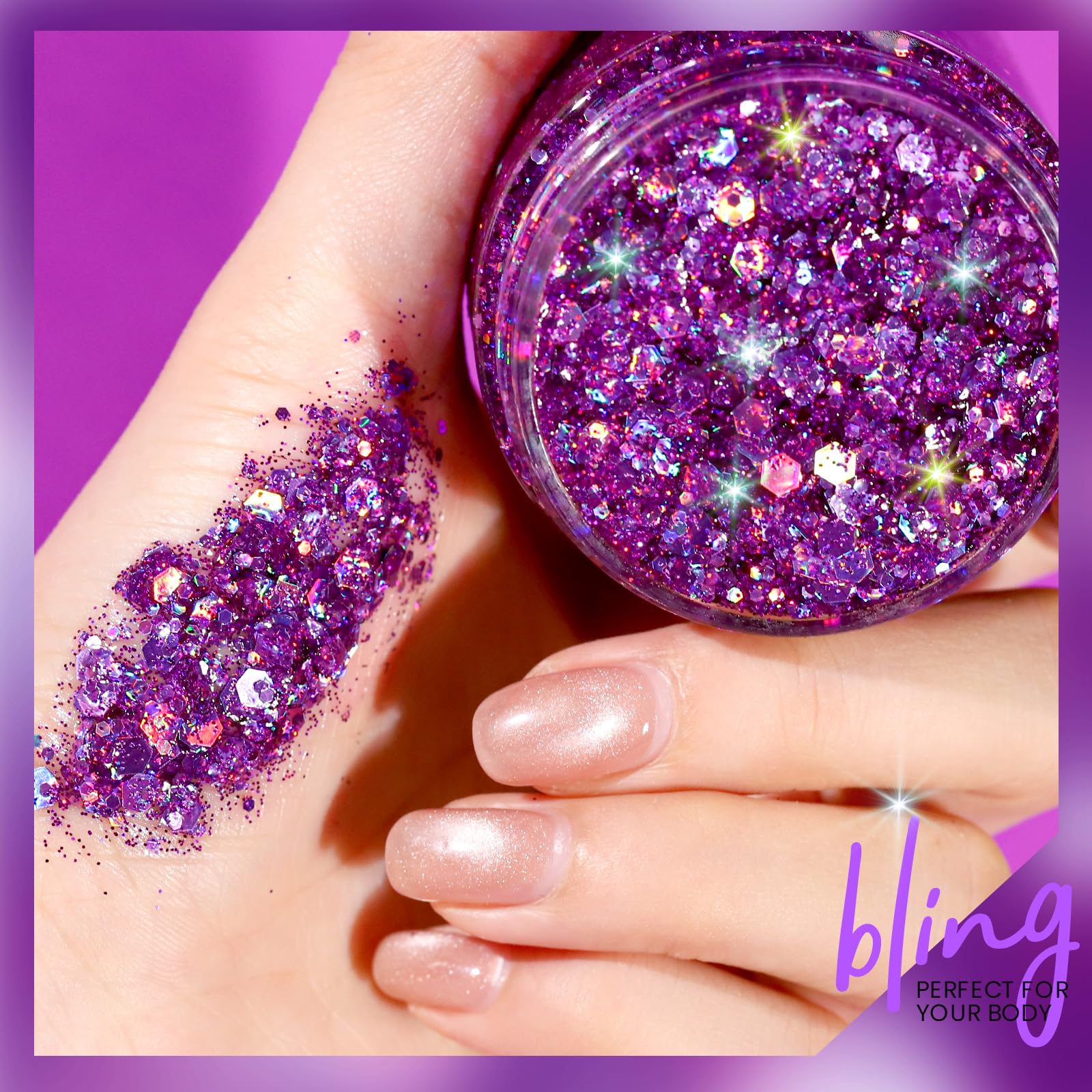 Teenitor Purple Glitter Gel applied to cheekbone creates a vibrant stage glow.