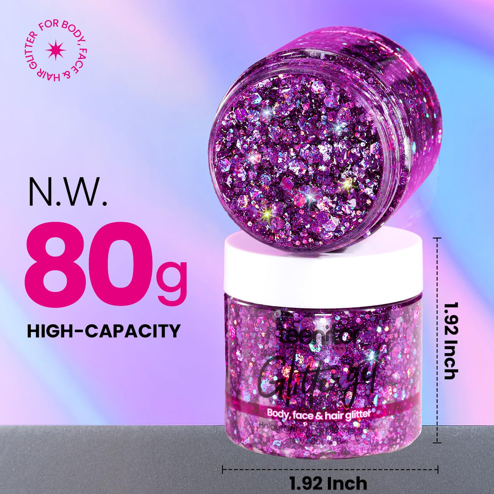Teenitor Purple Glitter Gel on hand demonstrates long-lasting sparkle for concerts.