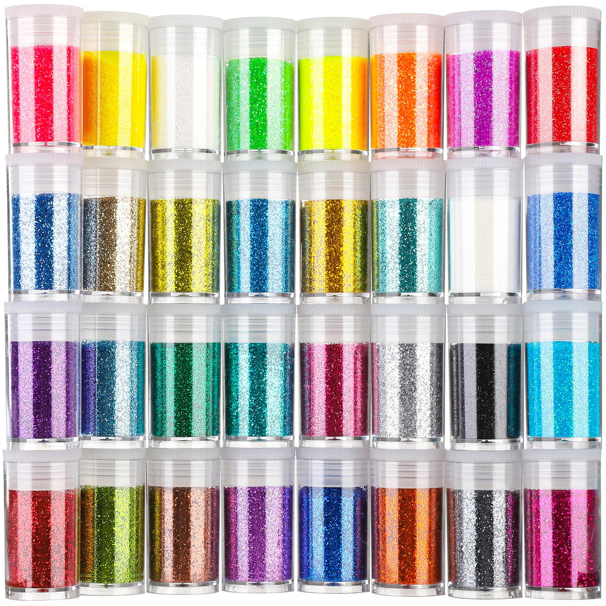 Teenitor Purpurina Fina en set de 32 botes, ideal para manualidades y maquillaje creativo.