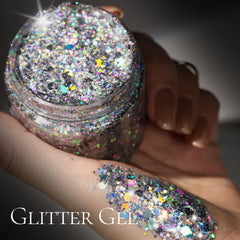 Teenitor glitter gel close-up shows chunky silver flakes and sparkle