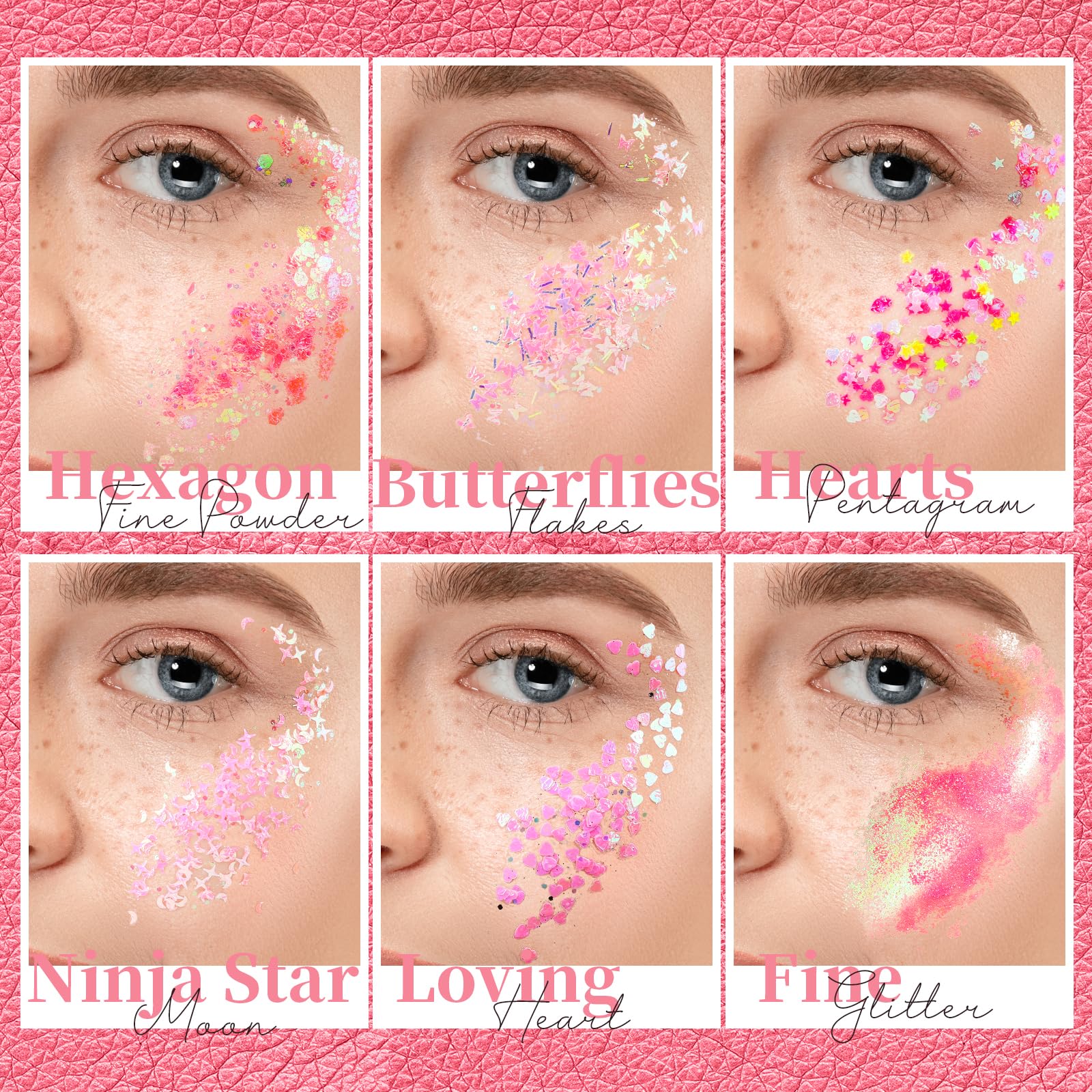 Teenitor six-pots pink glitter shows varied shapes for creative looks.