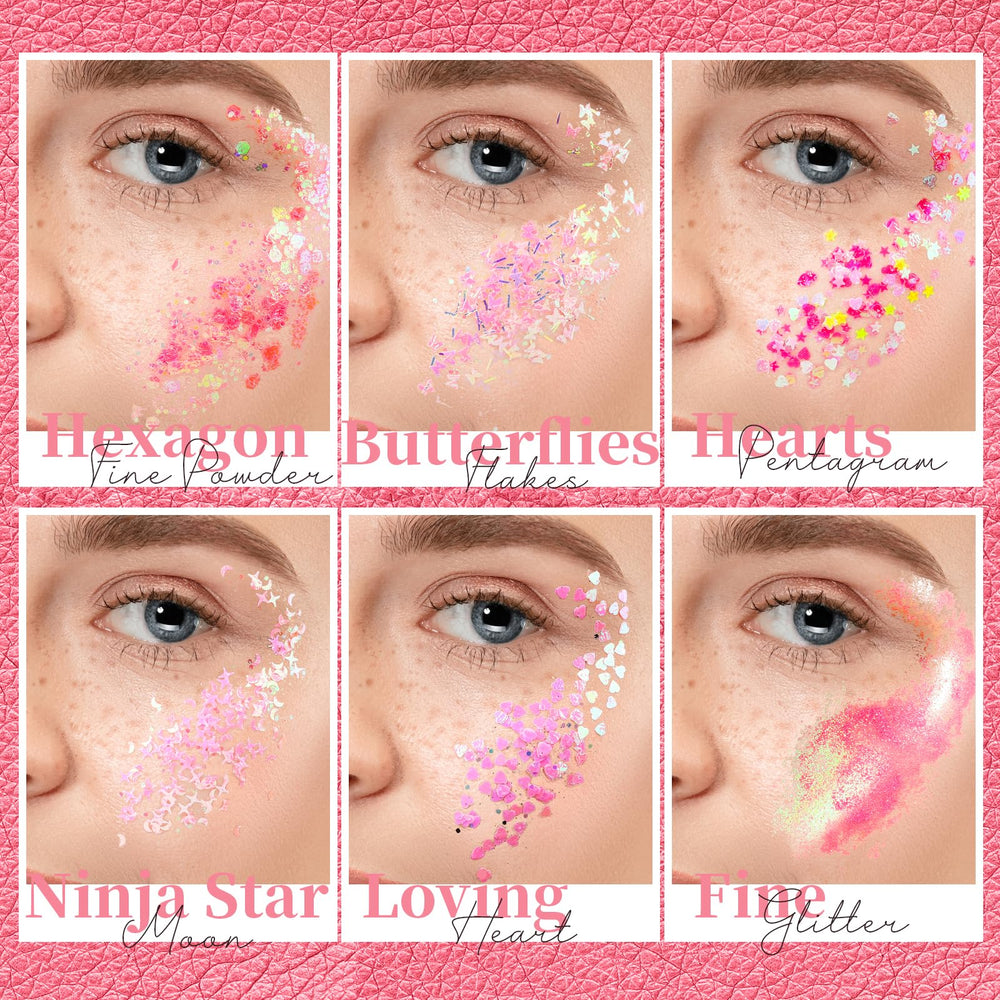Teenitor six-pots pink glitter shows varied shapes for creative looks.