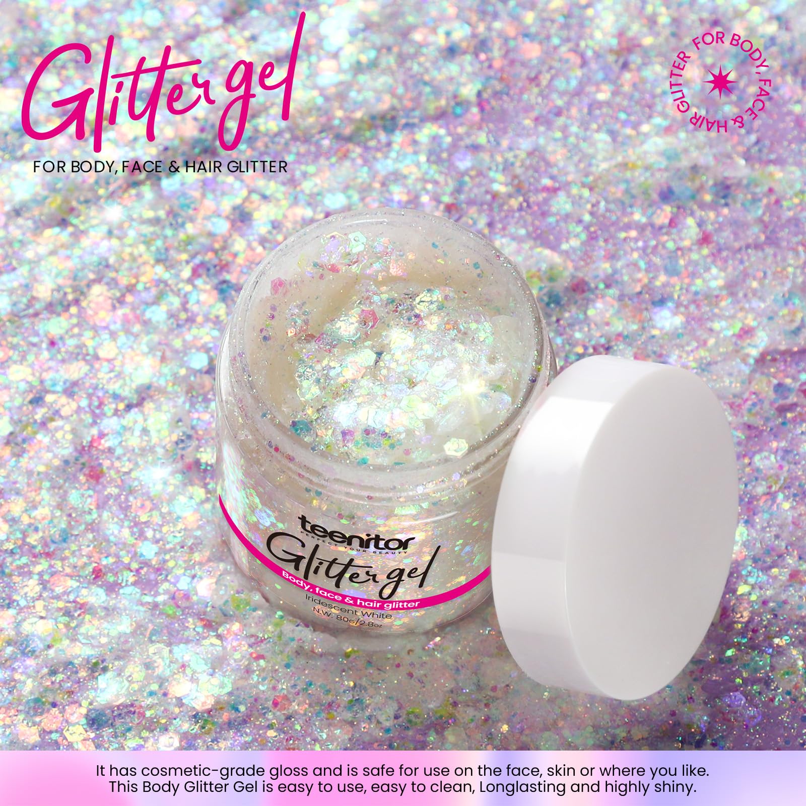 Teenitor white glitter iridescent shimmer catches light for a magical look.