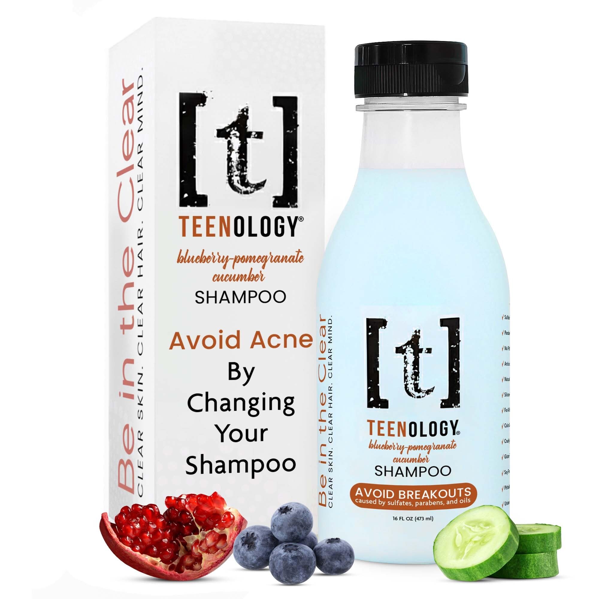 Teenology Teen Shampoo bottle with blueberry-pomegranate scent promotes clear skin and healthy hair.