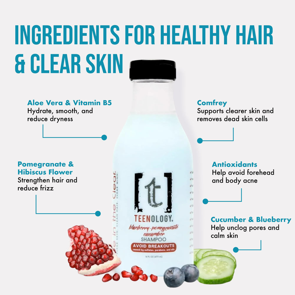Teenology Teen Shampoo close-up of comfrey, blueberry, and cucumber ingredients for refreshing care.
