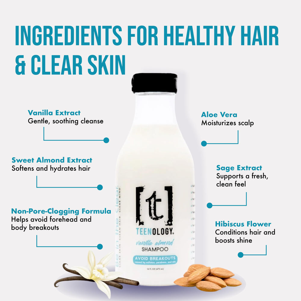 Teenology bottle features aloe vera, sage, vanilla bean highlighting natural extracts for gentle care.