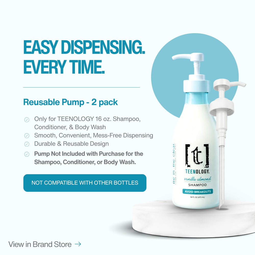 Teenology Teen Shampoo packaging emphasizes natural extracts for clear skin and hair health.