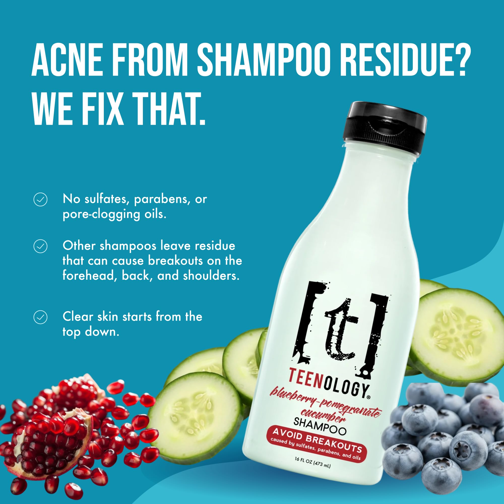 Teenology Teen Shampoo pour shot showing sulfate-free formula for gentle cleansing.