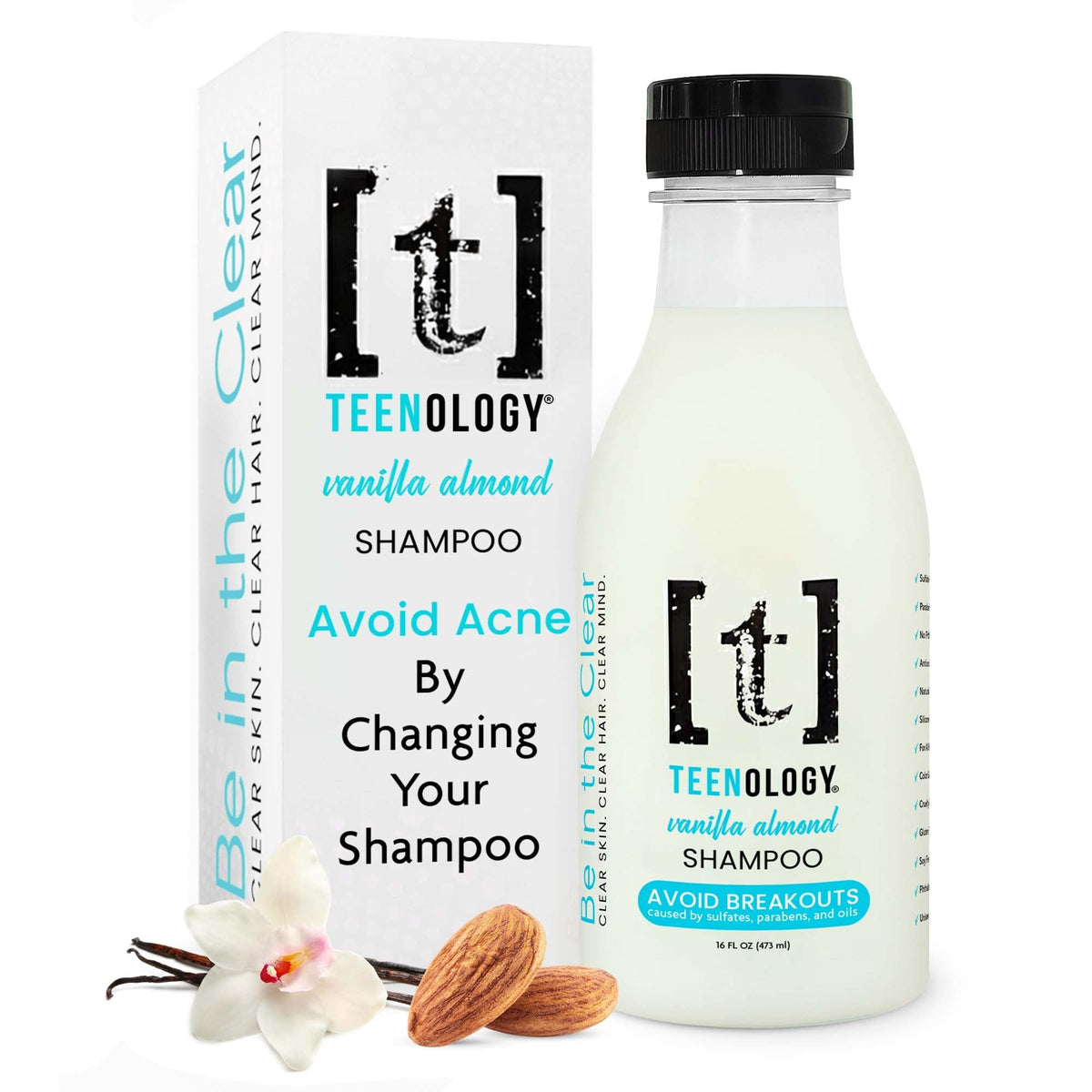 Teenology Teen Shampoo bottle with vanilla almond scent for fresh hair and clear skin.