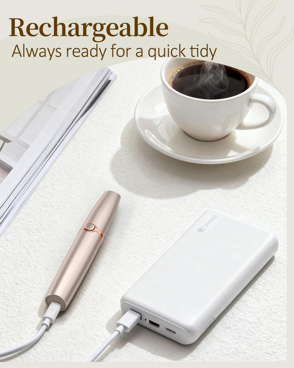 TeethBliss eyebrow trimmer comes with replacement heads and charging cable.