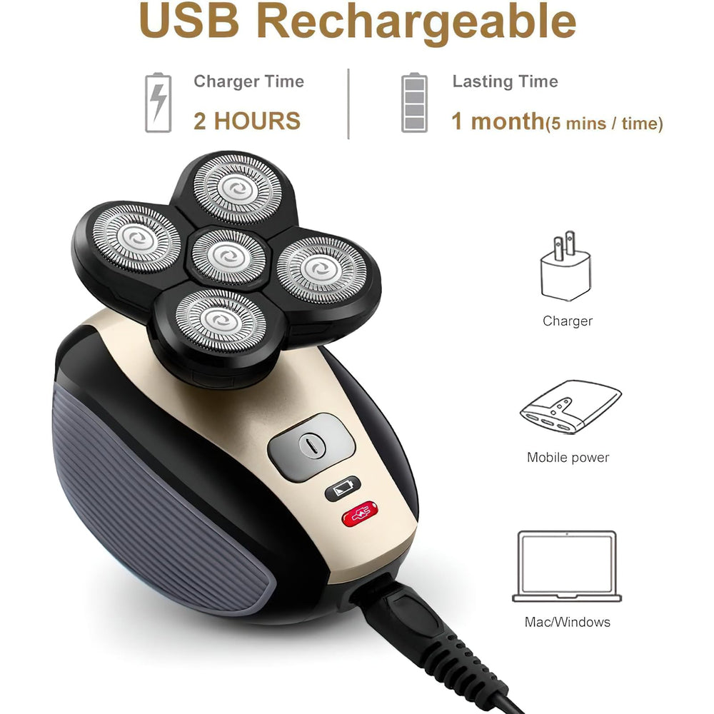 Telfun cordless head shaver with rapid USB charging for on-the-go grooming.