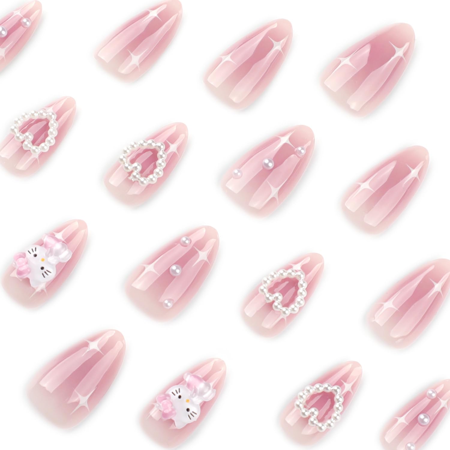 Temote Uñas postizas Rosa Forma Almendra Lazo 3D, toque sofisticado para eventos