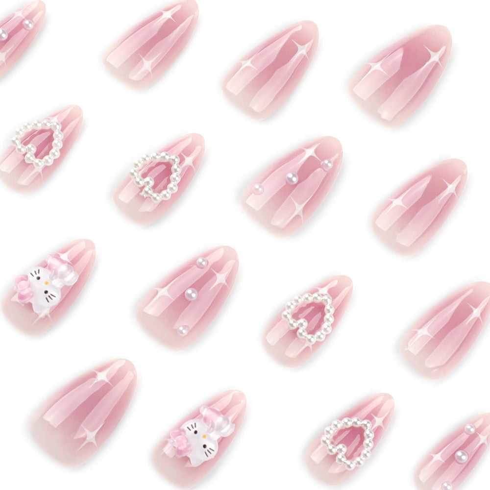 Temote Uñas postizas Rosa Forma Almendra Lazo 3D, toque sofisticado para eventos