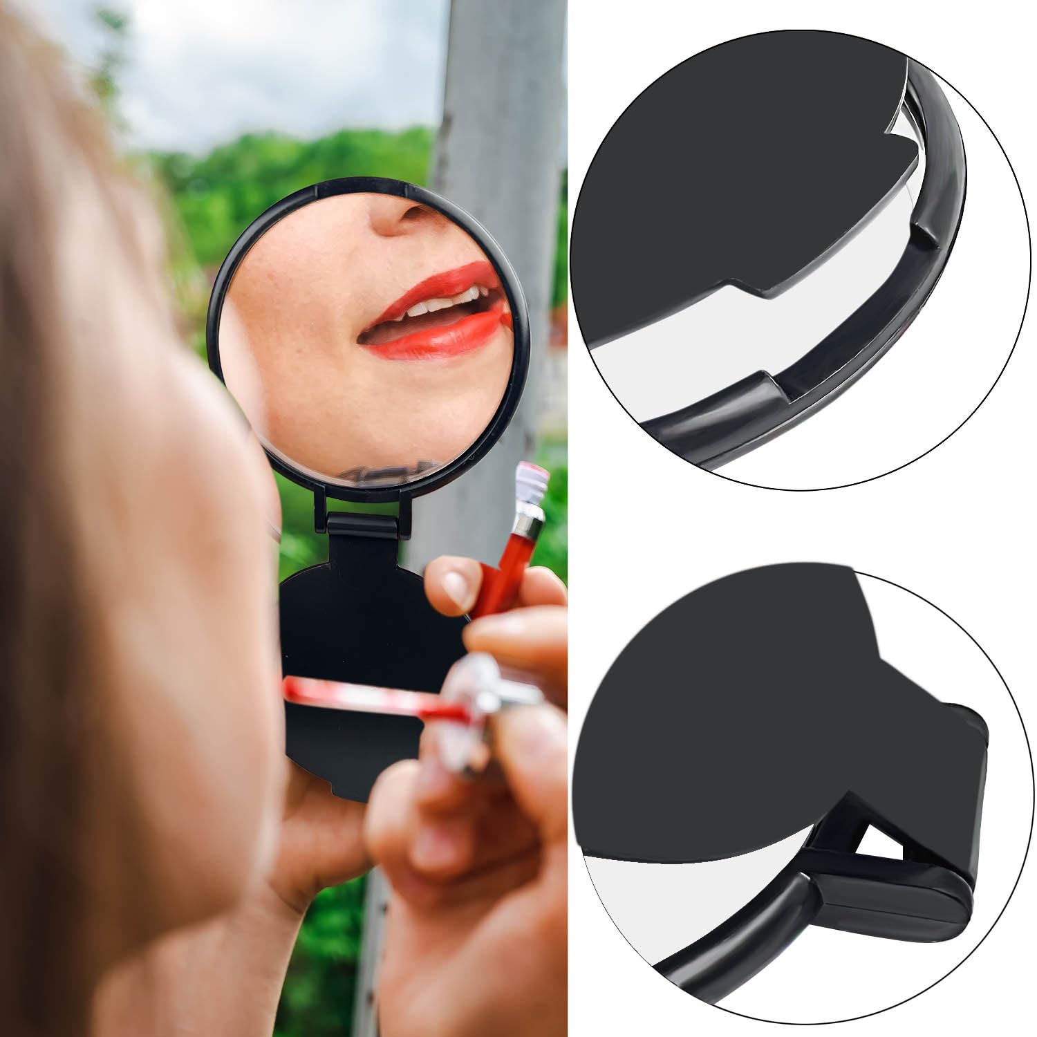 Tenalleys compact black mirror fits neatly in your bag.