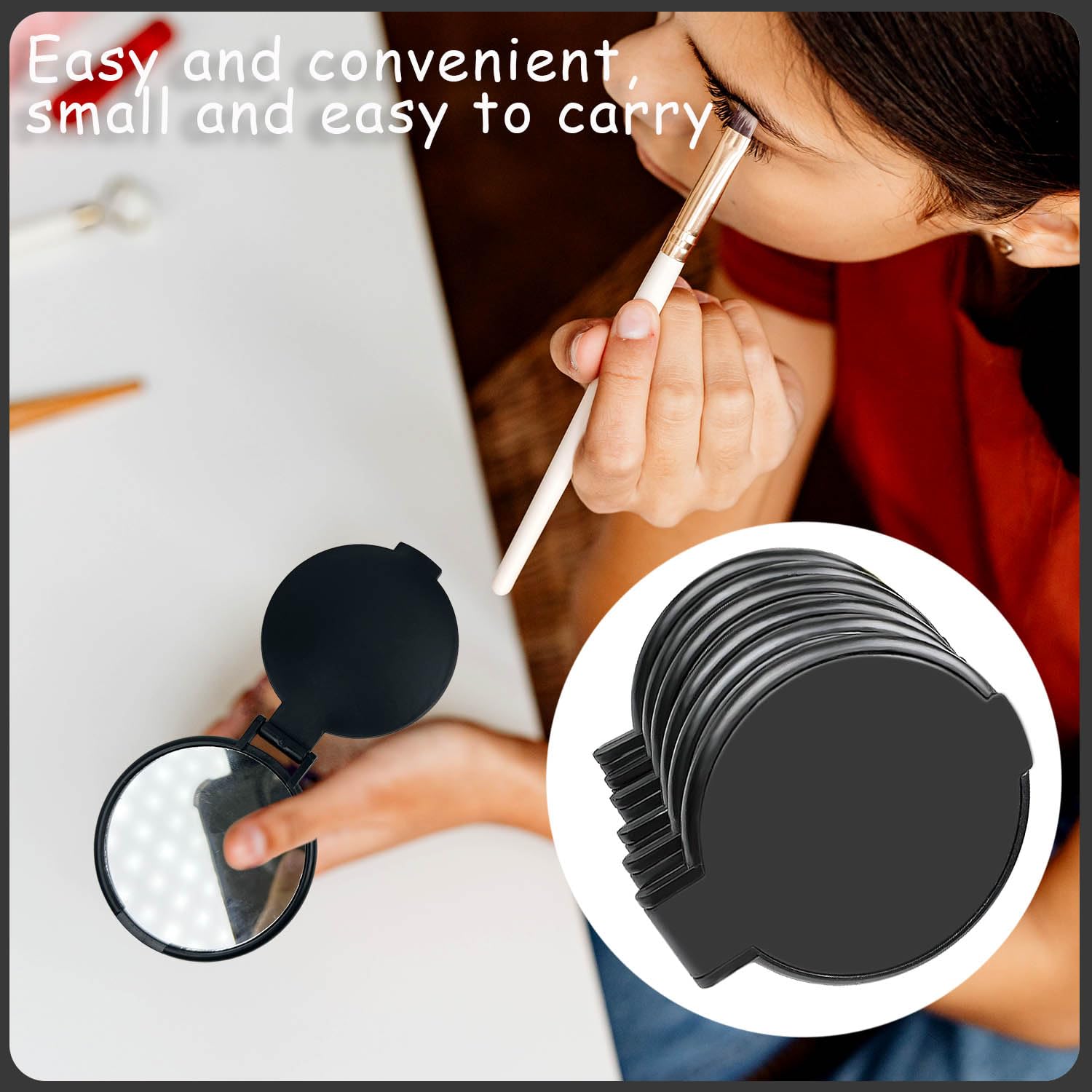 Tenalleys mini round folding mirror for quick makeup touchups.