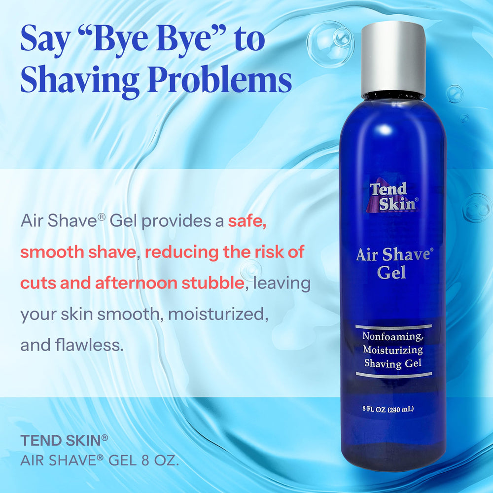 Tend Skin Air Shave Gel label closeup highlights advanced moisturizing formula for sensitive skin.