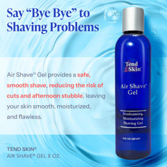 Tend Skin Air Shave Gel label closeup highlights advanced moisturizing formula for sensitive skin.