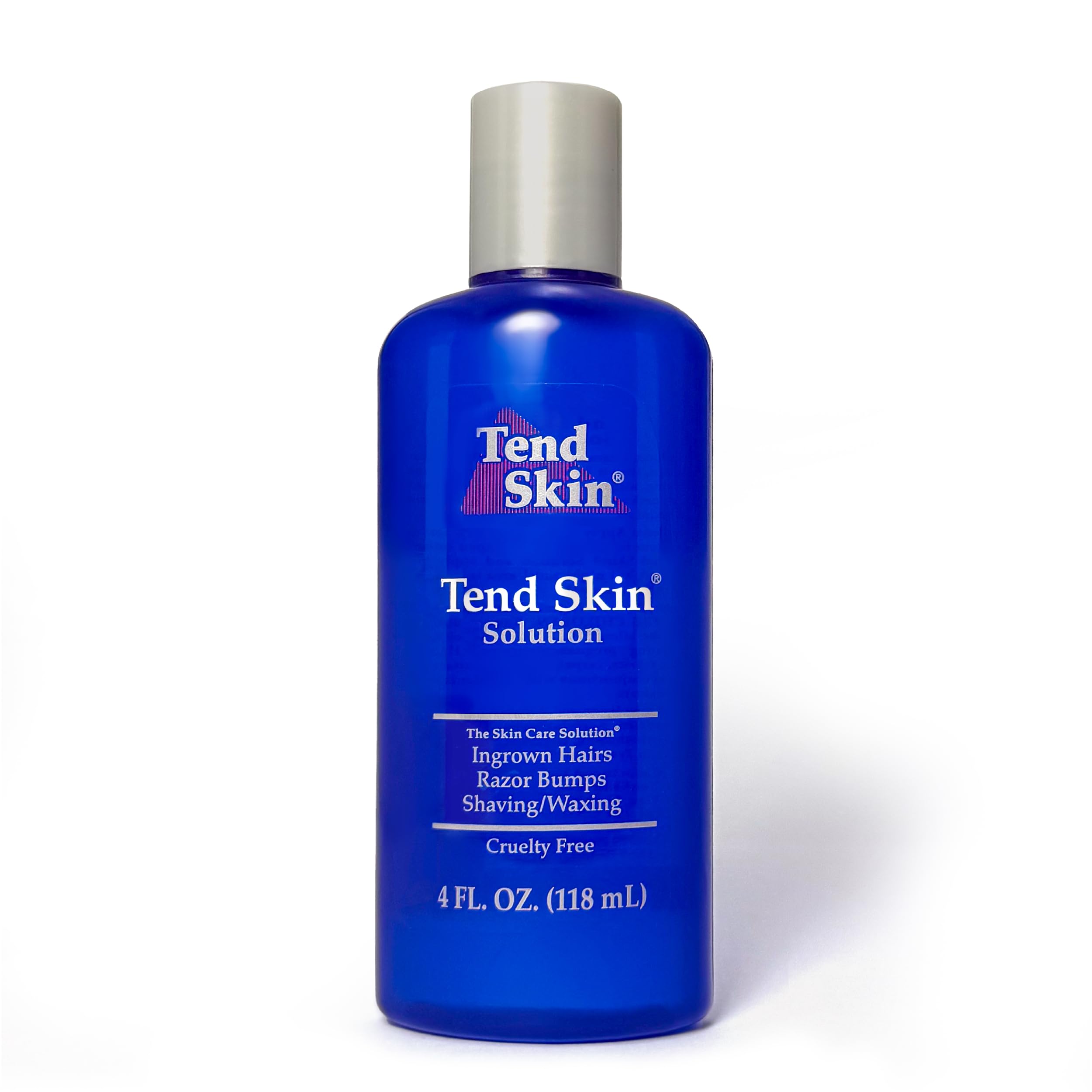 Tend Skin solution bottle closeup shows post-shave care for smooth skin.
